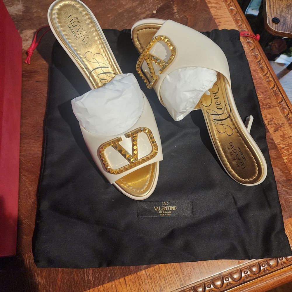 Valentino Women's Gold and Cream Slide Sandals